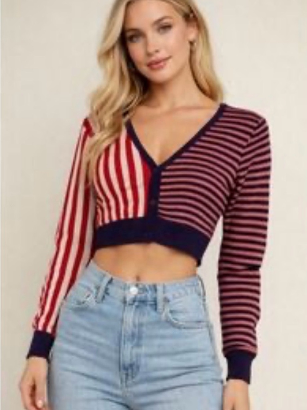 Wild Fable, NWT Striped Cropped V-Neck Knit Top in Red and Navy